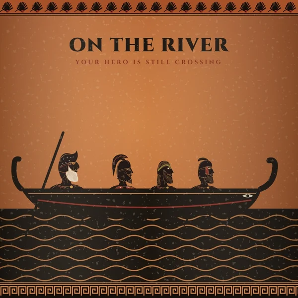 Your hero at mint: a black-figure ferry on the river, titled On the River, your hero is still crossing